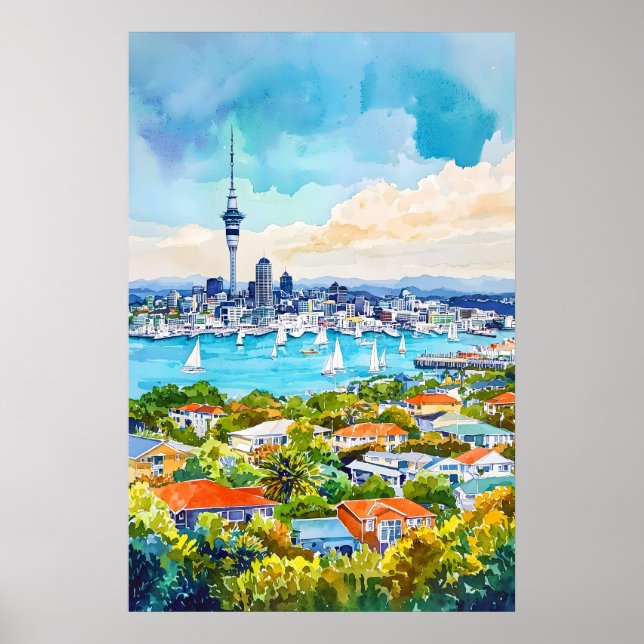 Affiche d'art aquarelle d'Auckland décoration mura (Devant)