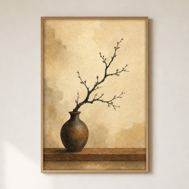 Affiche d'art aquarelle de branche Ikebana Cottage (Shown framed for scale. Poster ships unframed; frames are an optional add-on.)