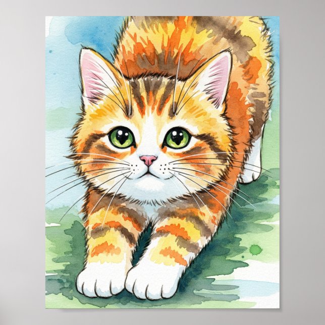 Affiche d'art aquarelle de chaton orange joueur (Devant)