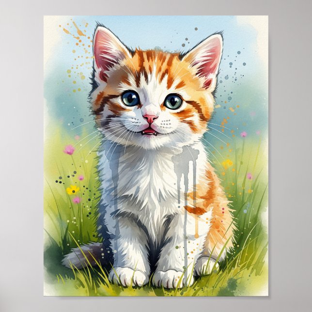 Affiche d'art aquarelle de chaton tabby orange jou (Devant)