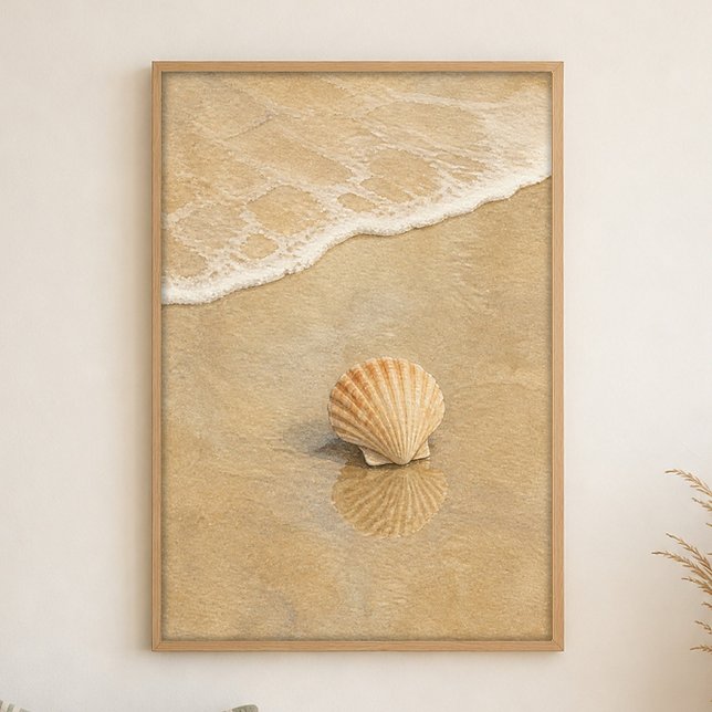 Affiche d'art aquarelle de coquillage sur sable hu (Shown framed for scale. Poster ships unframed; frames are an optional add-on.)