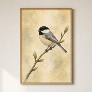 Affiche d'art aquarelle de cottage Chickadee