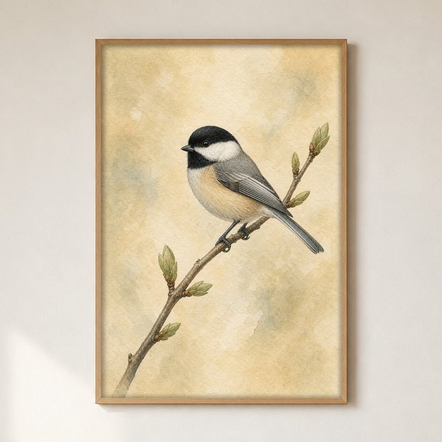 Affiche d'art aquarelle de cottage Chickadee (Shown framed for scale. Poster ships unframed; frames are an optional add-on.)