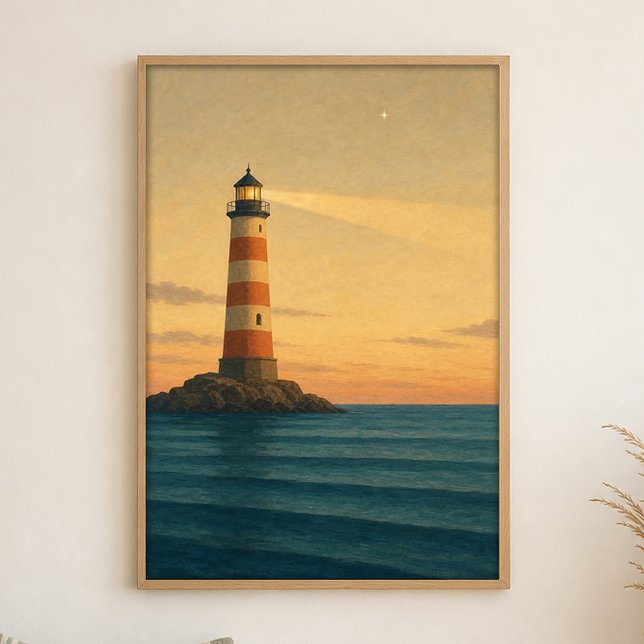 Affiche d'art aquarelle de phare au crépuscule sur (Shown framed for scale. Poster ships unframed; frames are an optional add-on.)