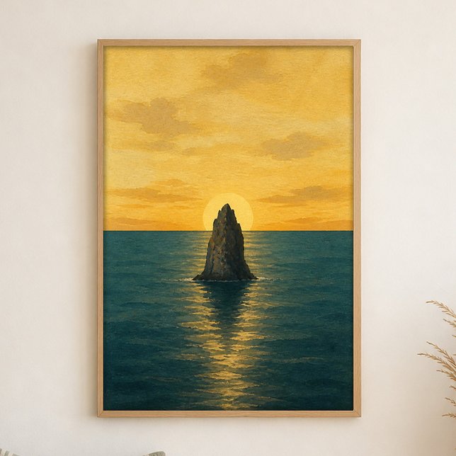 Affiche d'art aquarelle du lever de soleil sur une (Shown framed for scale. Poster ships unframed; frames are an optional add-on.)
