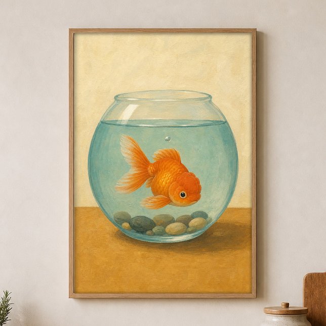 Affiche d'art aquarelle fantaisiste Bowl à poisson (Shown framed for scale. Poster ships unframed; frames are an optional add-on.)