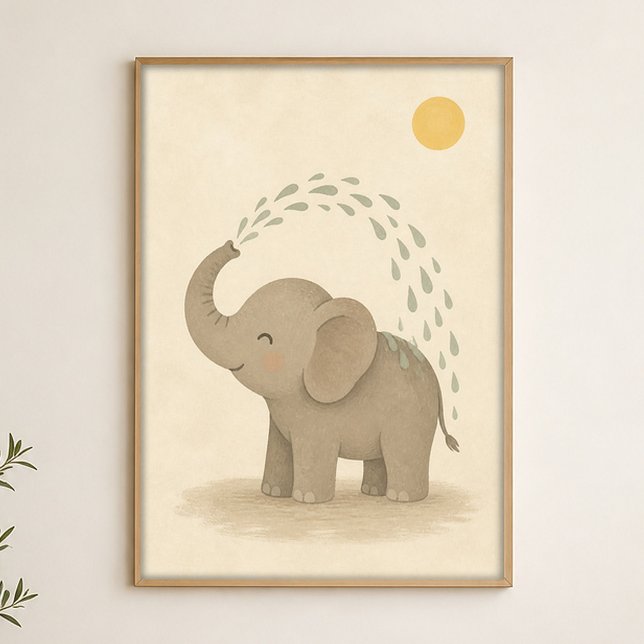 Affiche d'art aquarelle fantaisiste de douche d'él (Shown framed for scale. Poster ships unframed; frames are an optional add-on.)