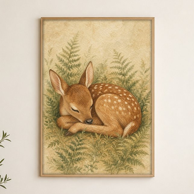 Affiche d'art aquarelle fantaisiste Faon parmi les (Shown framed for scale. Poster ships unframed; frames are an optional add-on.)