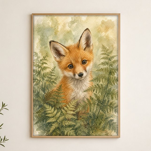 Affiche d'art aquarelle fantaisiste Fox Kit (Shown framed for scale. Poster ships unframed; frames are an optional add-on.)