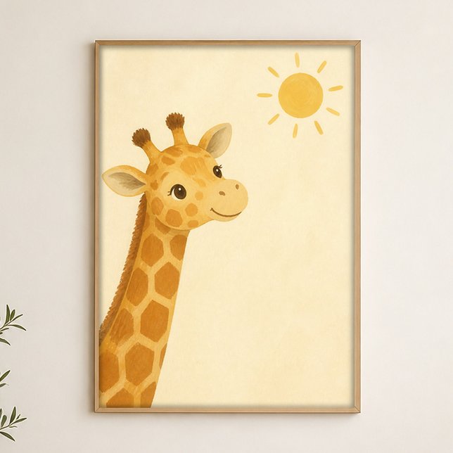 Affiche d'art aquarelle fantaisiste Giraffe Peek (Shown framed for scale. Poster ships unframed; frames are an optional add-on.)