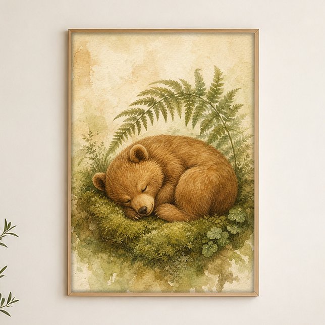 Affiche d'art aquarelle fantaisiste Sleeping Bear  (Shown framed for scale. Poster ships unframed; frames are an optional add-on.)