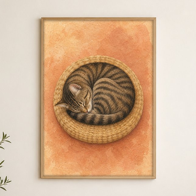 Affiche d'art aquarelle féline endormie enroulée (Shown framed for scale. Poster ships unframed; frames are an optional add-on.)