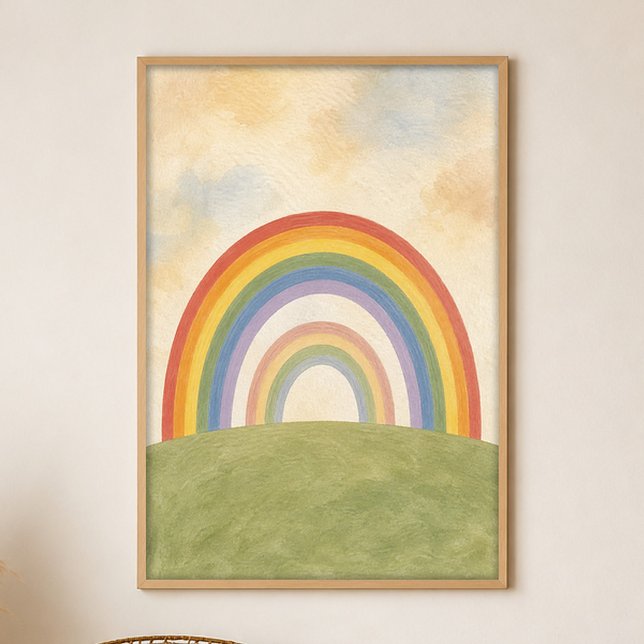 Affiche d'art bohème gouache Double Rainbow Hill (Shown framed for scale. Poster ships unframed; frames are an optional add-on.)