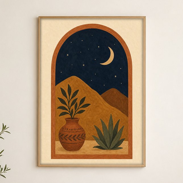Affiche d'art céleste aquarelle Lune dans l'arche (Shown framed for scale. Poster ships unframed; frames are an optional add-on.)