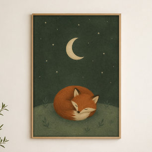 Affiche d'art céleste aquarelle Lune Renard Endorm