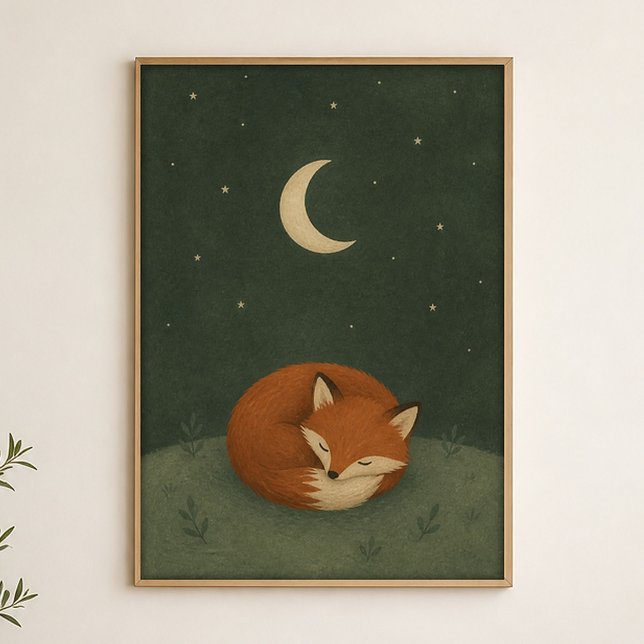 Affiche d'art céleste aquarelle Lune Renard Endorm (Shown framed for scale. Poster ships unframed; frames are an optional add-on.)