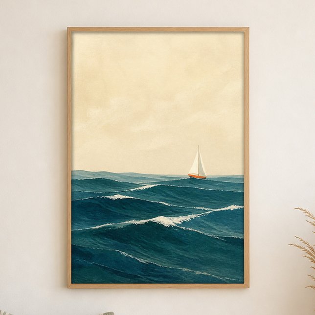 Affiche d'art côtier à l'aquarelle Voilier sur les (Shown framed for scale. Poster ships unframed; frames are an optional add-on.)