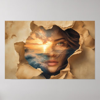 Affiche d'art Coucher de soleil sur l'océan à trav