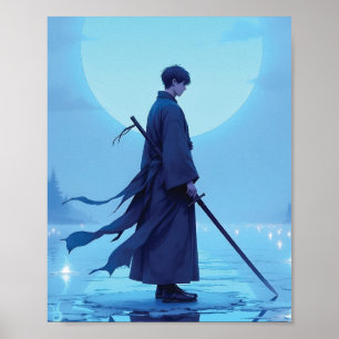 Affiche d'art d'anime Pleine Lune Samouraï Solitai