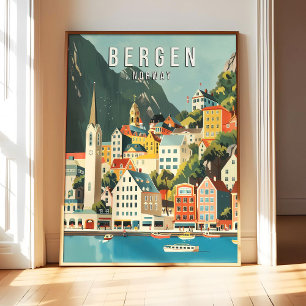 Affiche d'art de Bergen Norvège, ville rétro vinta