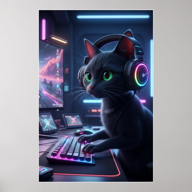 Affiche d'art de chat de jeu cyberpunk (Devant)