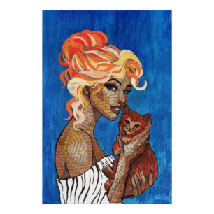 Affiche d'art de chat maman en collage multimédia 
