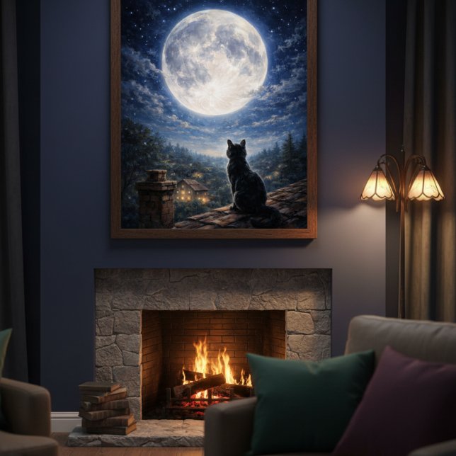 Affiche d'art de chat noir mystique sous la pleine (Créateur téléchargé)