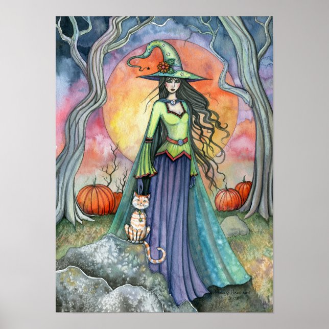 Affiche d'art de chat sorcière d'Halloween d'autom (Devant)