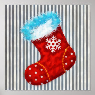 Affiche d'art de chaussette de Noël sur rayures