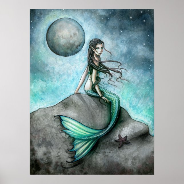 Affiche d'art de fantaisie de sirène de lune sombr (Devant)