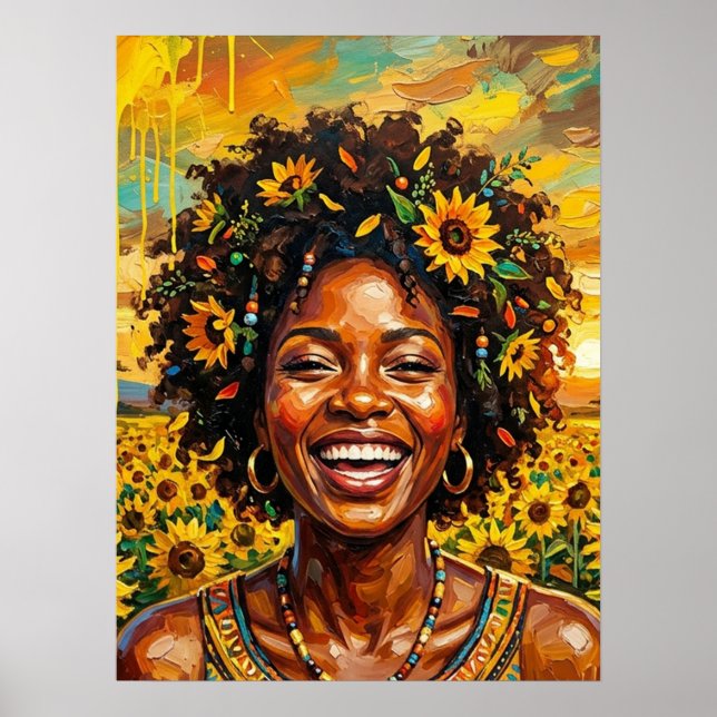 Affiche d'art de femme noire tournesol (Devant)