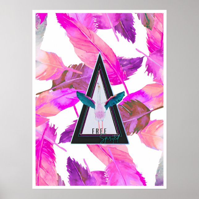 Affiche d'art de flamant rose aux plumes roses et  (Devant)