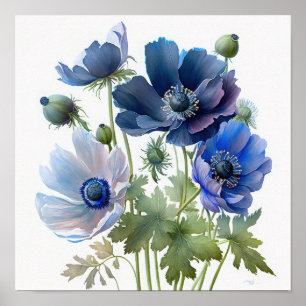 Affiche d'art de fleurs d'anémone bleue