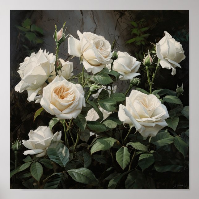 Affiche d'art de fleurs roses blanches (Devant)