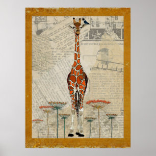 Affiche d'art de GIRAFE et d'OISEAU d'INDIGO