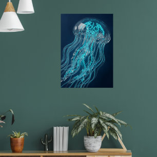 Affiche d'art de méduse sarcelle lumineuse Océan