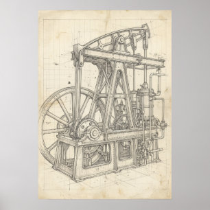 Affiche d'art de plan de moteur à vapeur vintage