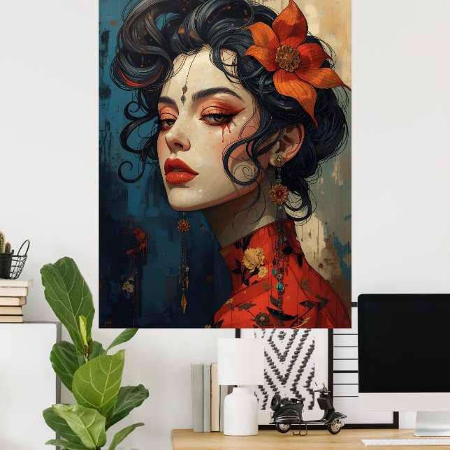 Affiche d'art de portrait de femme inspirée du Jap (Bureau à domicile)