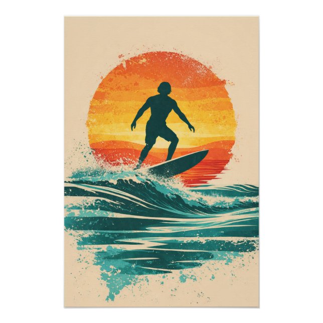 Affiche d'art de surf Sunset Rétro – Surfeur Rétro (Devant)