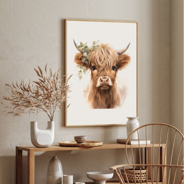 Affiche d'art de vache highland bohème (Boho Highland Cow Art Print Poster.)