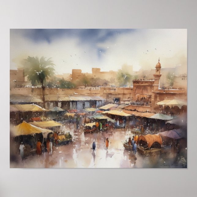 Affiche d'art en aquarelle de Marrakech Maroc (Devant)
