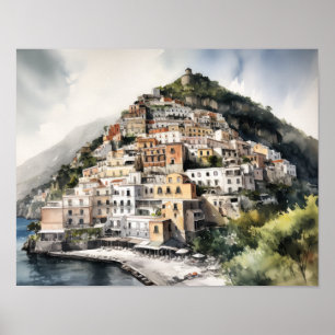 Affiche d'art en aquarelle de Positano Italie