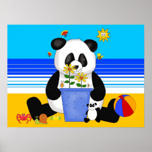 Affiche d'art enfant panda à la plage