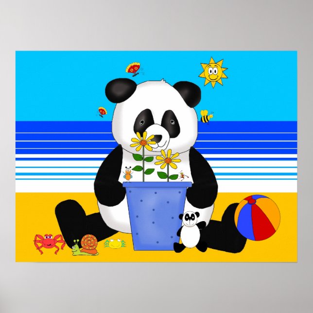 Affiche d'art enfant panda à la plage (Devant)