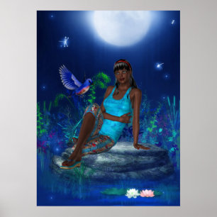 Affiche d'art fantastique Fille aux oiseaux au cla