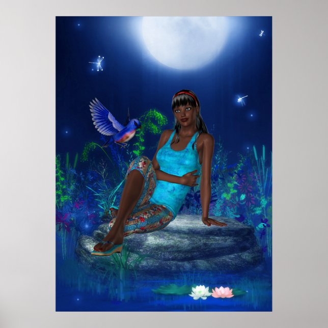 Affiche d'art fantastique Fille aux oiseaux au cla (Devant)