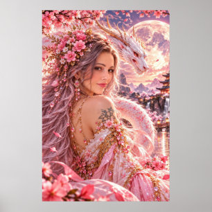Affiche d'art Fantasy Fleur de Cerisier Dame Drago