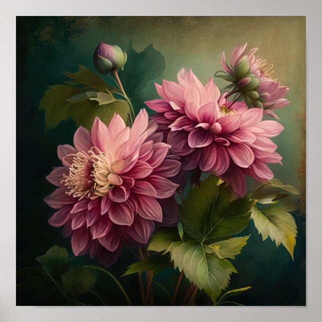 Affiche d'art floral aux dahlias roses (Devant)