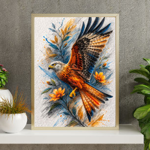 Affiche d'art floral d'aigle majestueux Oiseau v