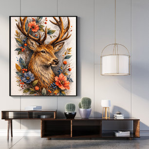 Affiche d'art floral de cerf majestueux Illustrati